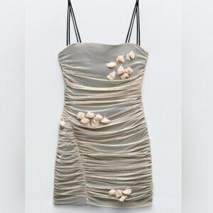 Zara Beige Ruched Mini Dress Womens new floral Tulle